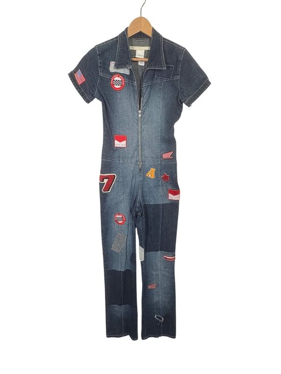 azzure denim Pants - Vintage Y2k Azzure Denim Flare Leg Short Sleeve Jumpsuit Size Large